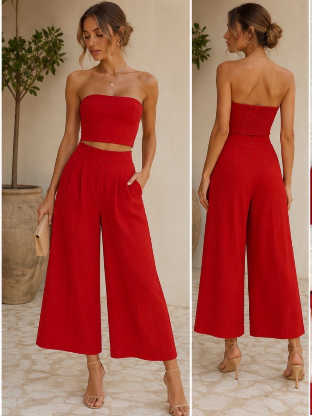 EUC. HELLOMOLLY Strapless Red Crop Top & Wide-Leg Pants Set.